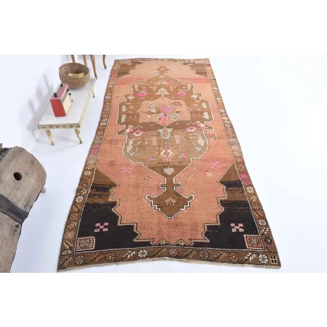 Vintage Turkish Hand-Knotted Wool Cotton Orange Runner 159x366