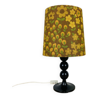 Lampe bois tourné noire seventies abat jour fleurs