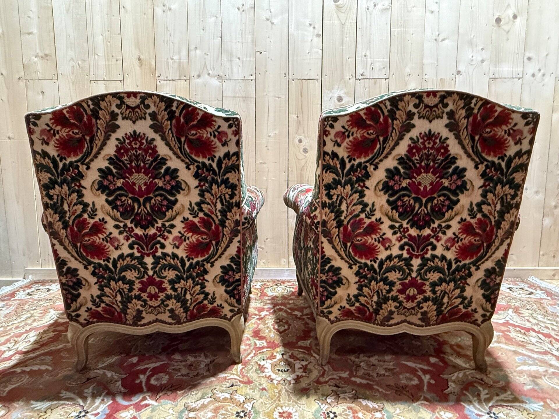 Pair of Louis XV style velvet bergère armchairs