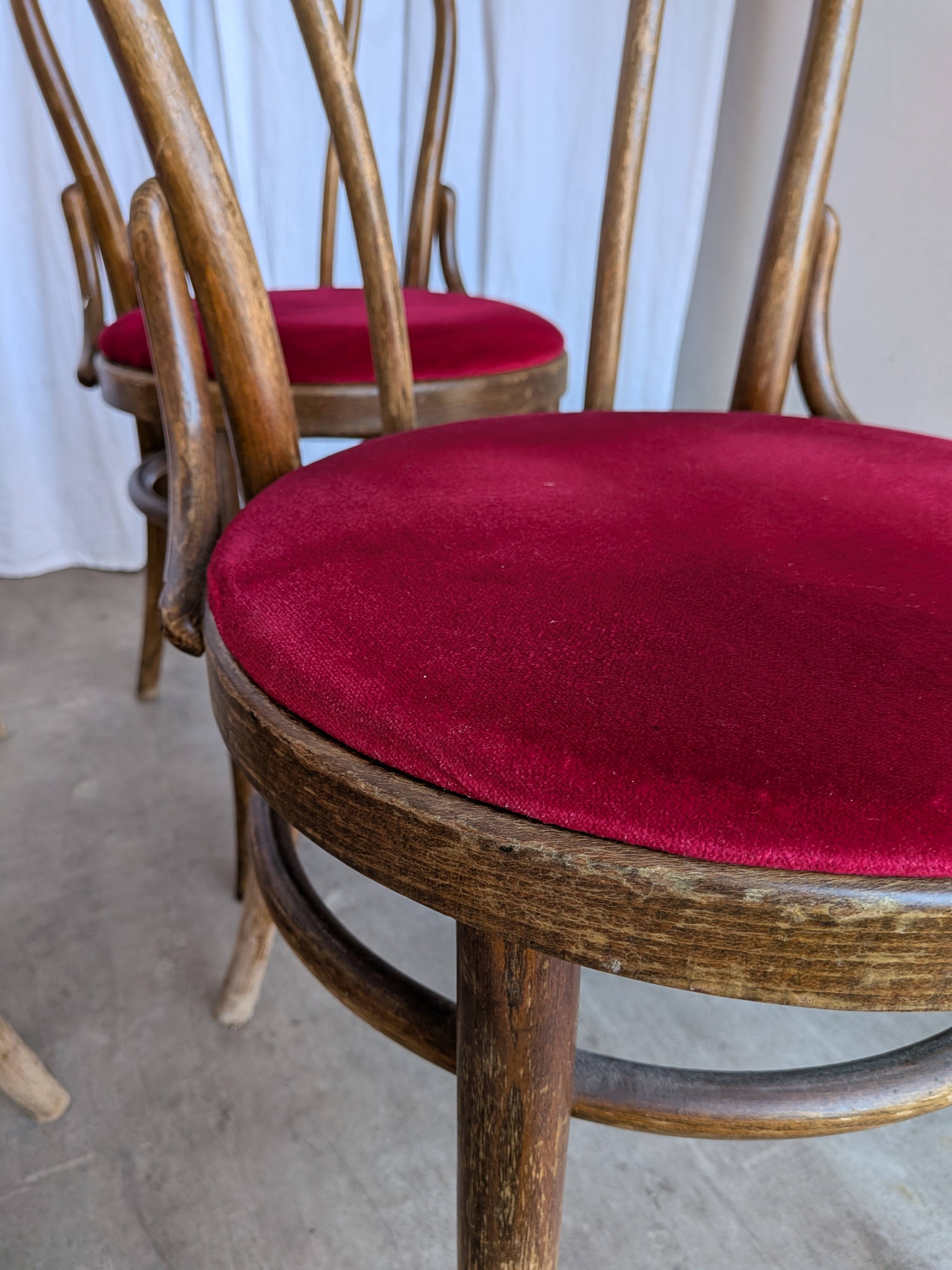Set of 8 Vintage Bentwood Bistro Chairs: Red Upholstery