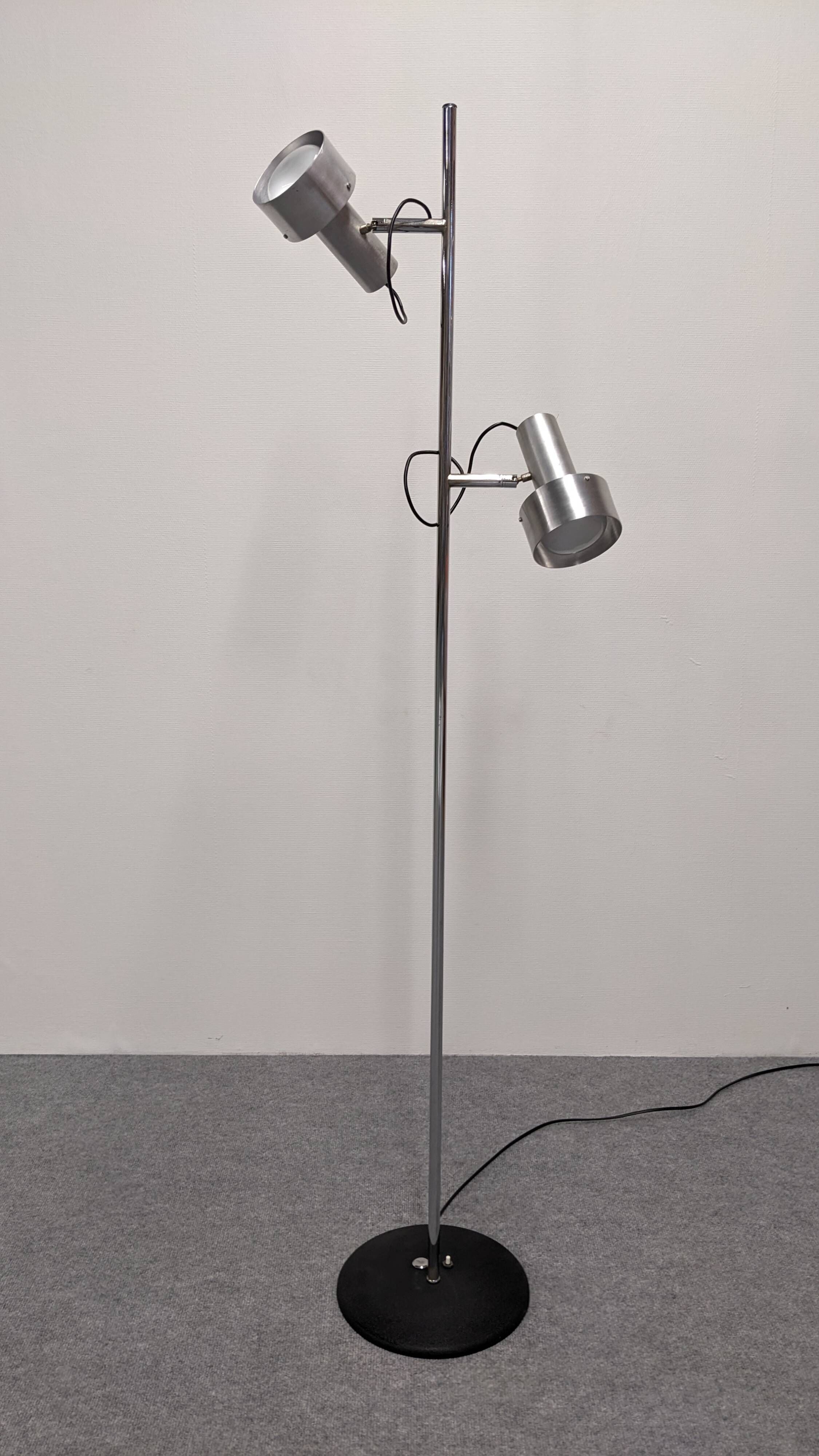 Space age modernist floor lamp with 2 aluminium spots, France circa 1970.