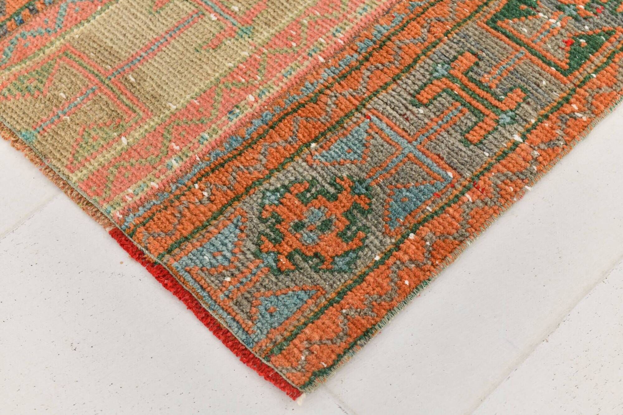 2x9 Vintage Coral Orange & Green Turkish Runner Rug, 70x275Cm