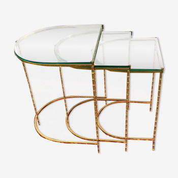 Suite of 3 trundle tables in golden brinze and glass slabs period 1970/1980