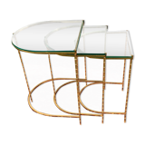 Suite of 3 trundle tables in golden brinze and glass slabs period 1970/1980