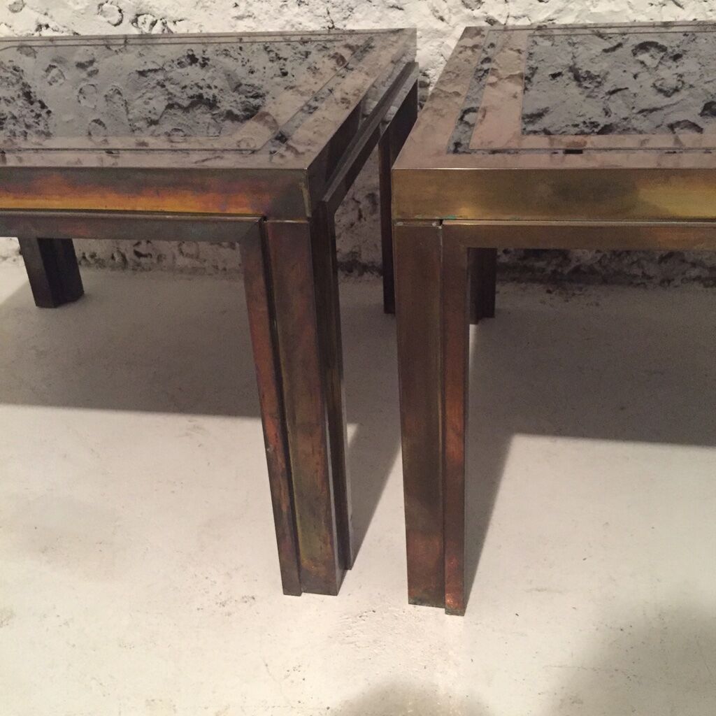 Pair of brass coffee tables and black mirror from the 70s