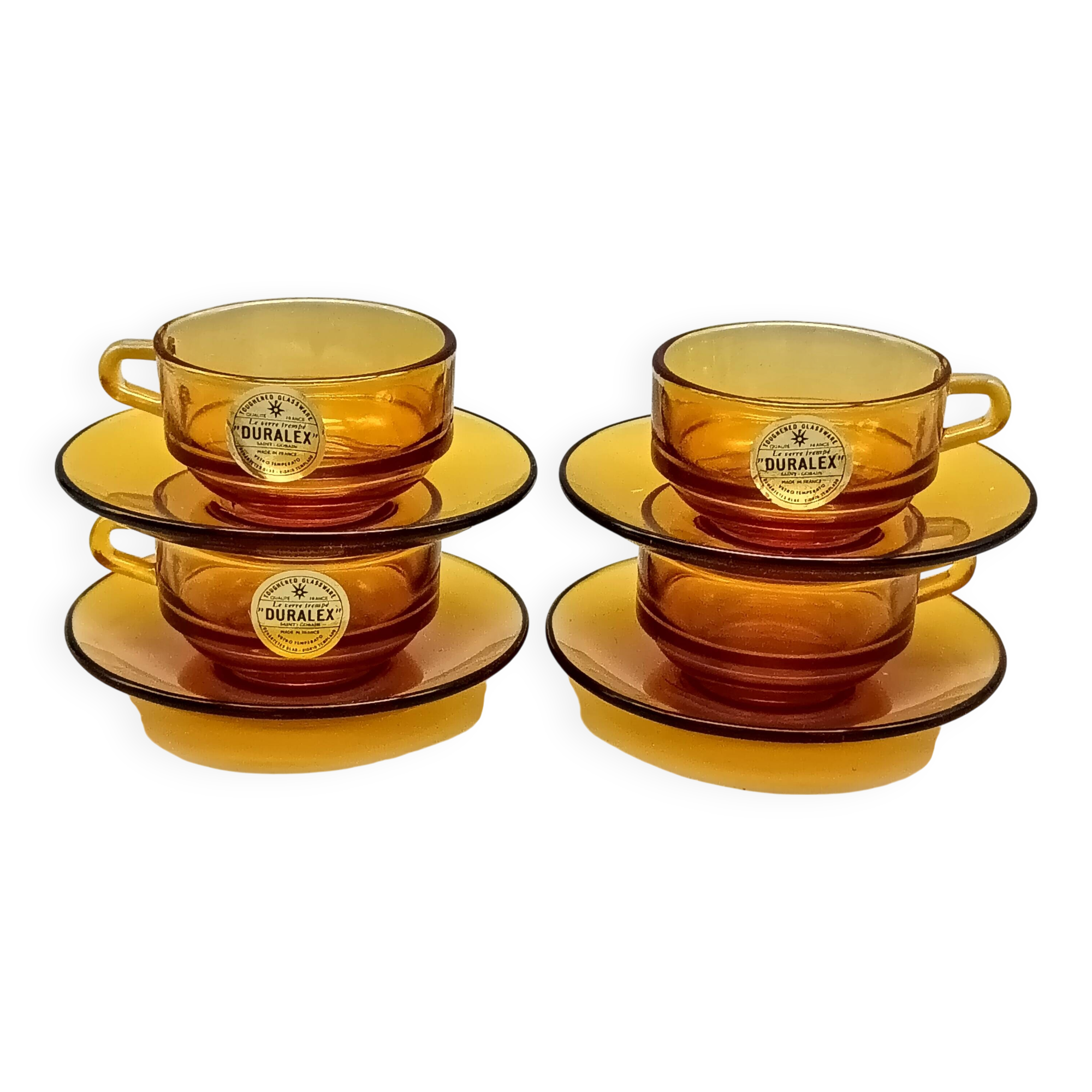4 Duralex glass cups and saucers, amber color, France vintage