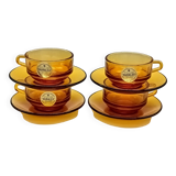 4 Duralex glass cups and saucers, amber color, France vintage