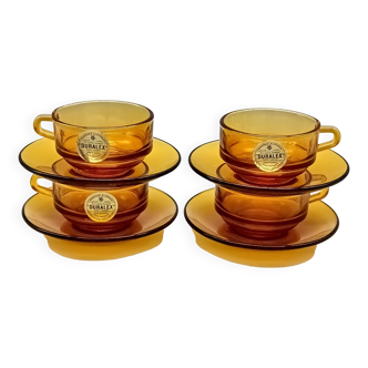 4 Duralex glass cups and saucers, amber color, France vintage