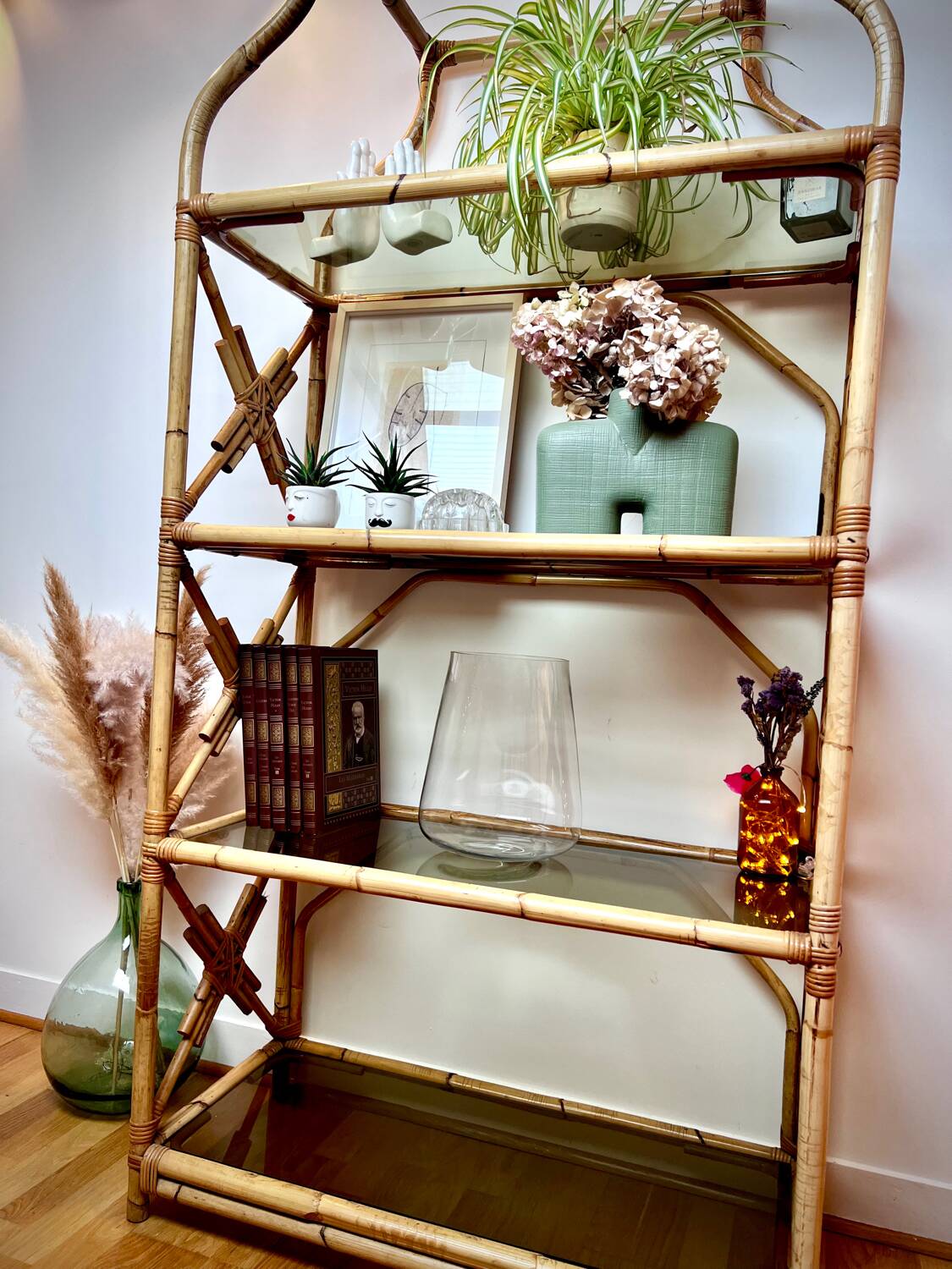 Rattan and glass shelf