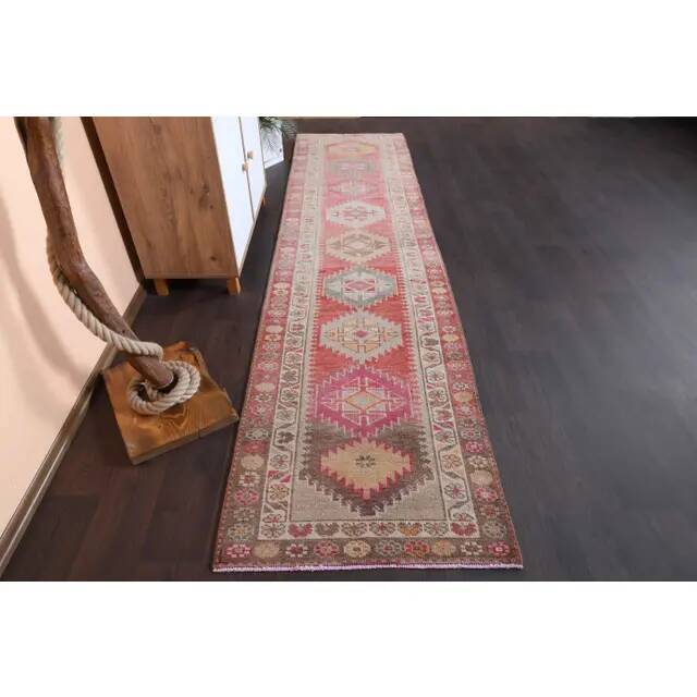 1970s Vintage Turkish Hand-Knotted Wool Cotton Red Runner Rug 82x334
