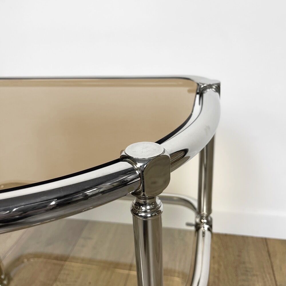 Half-moon side table double chrome tray and smoked glass 70's