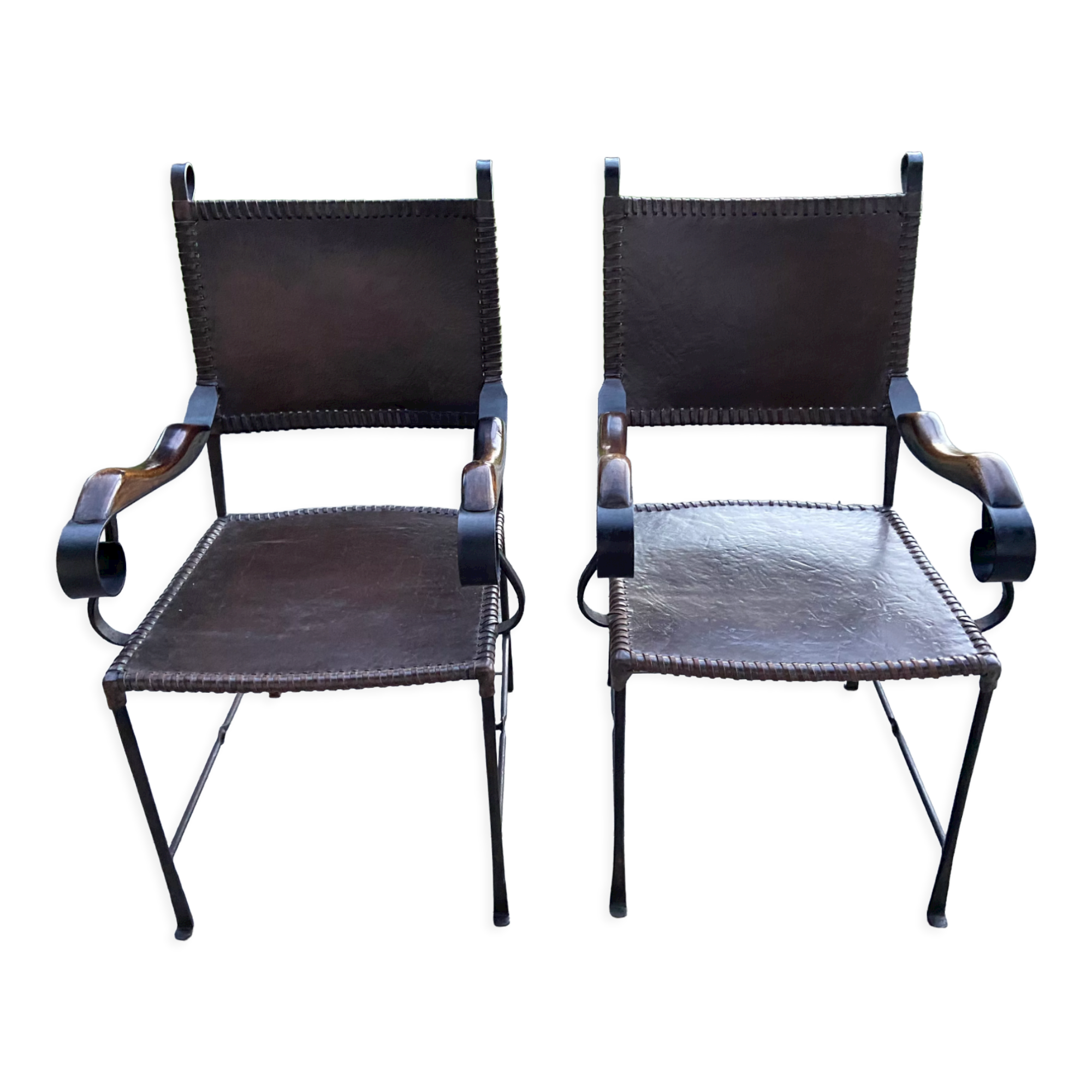 Leather and wrought iron armchairs
