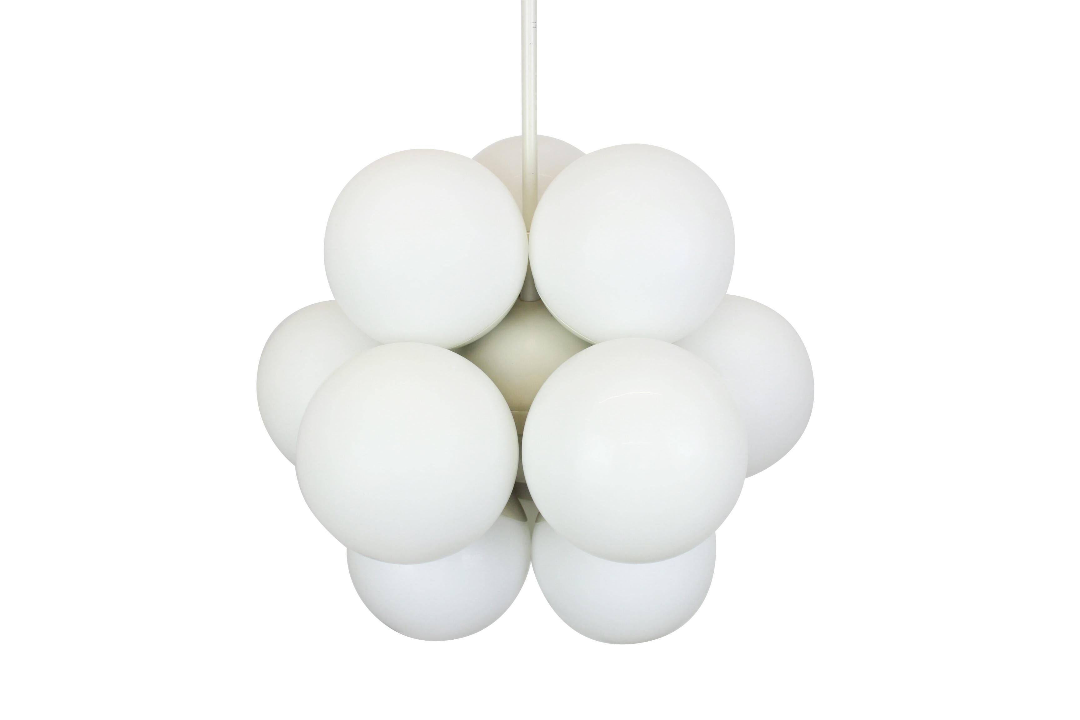Kaiser Sputnik chandelier, molecular shape, 12 opal glasses, Germany, 1970s