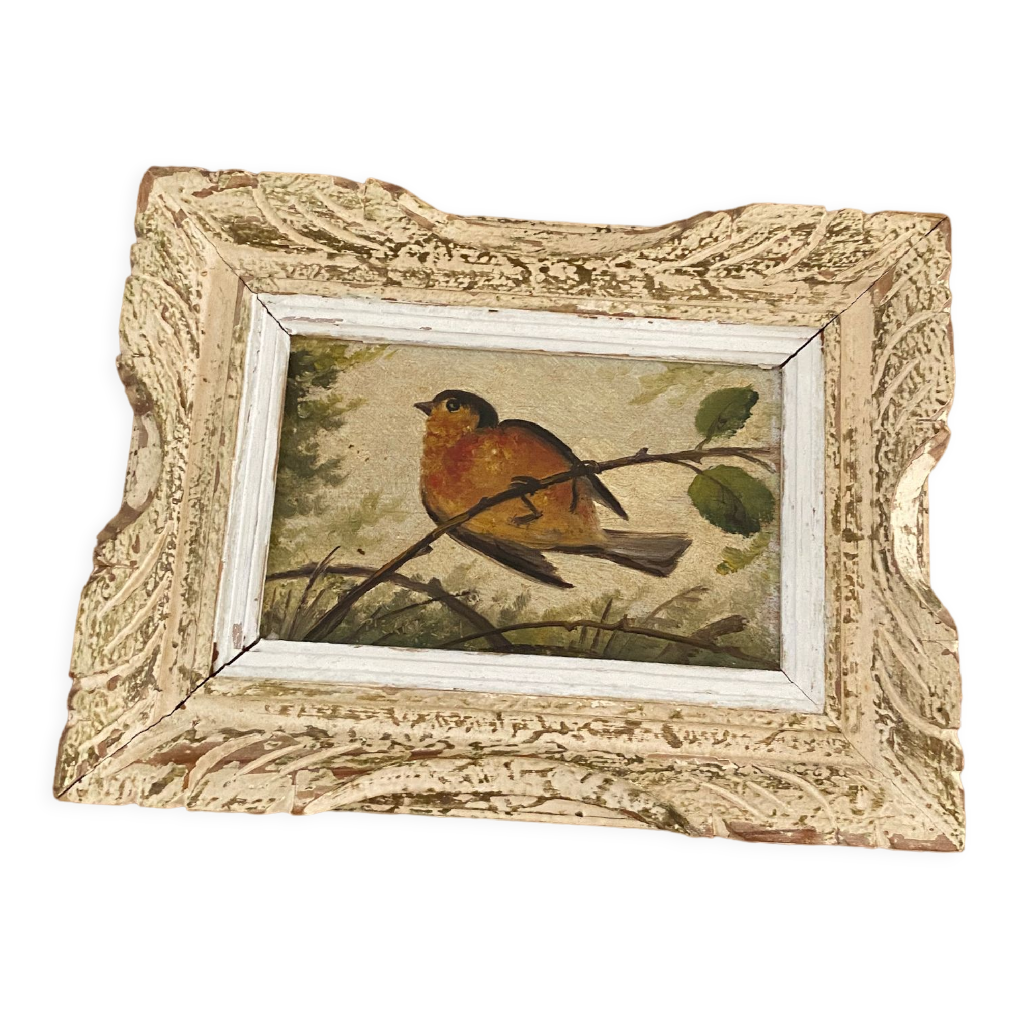 Vintage frame bird painting on a branch
