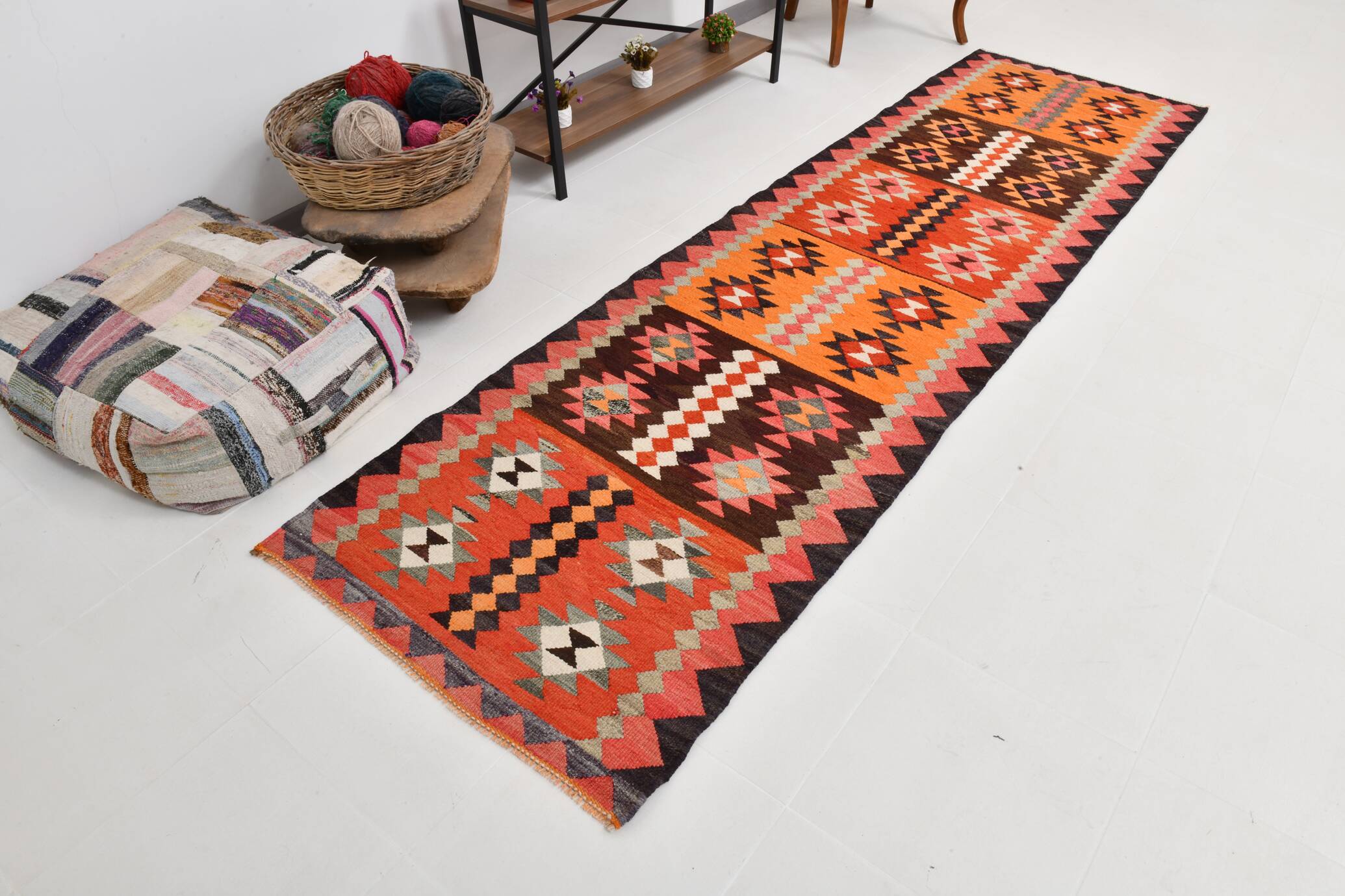 3x11 Orange Tribal Kilim Runner Rug 93x330Cm