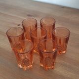 Set of 7 vintage Rosaline liqueur glasses in translucent pink glass