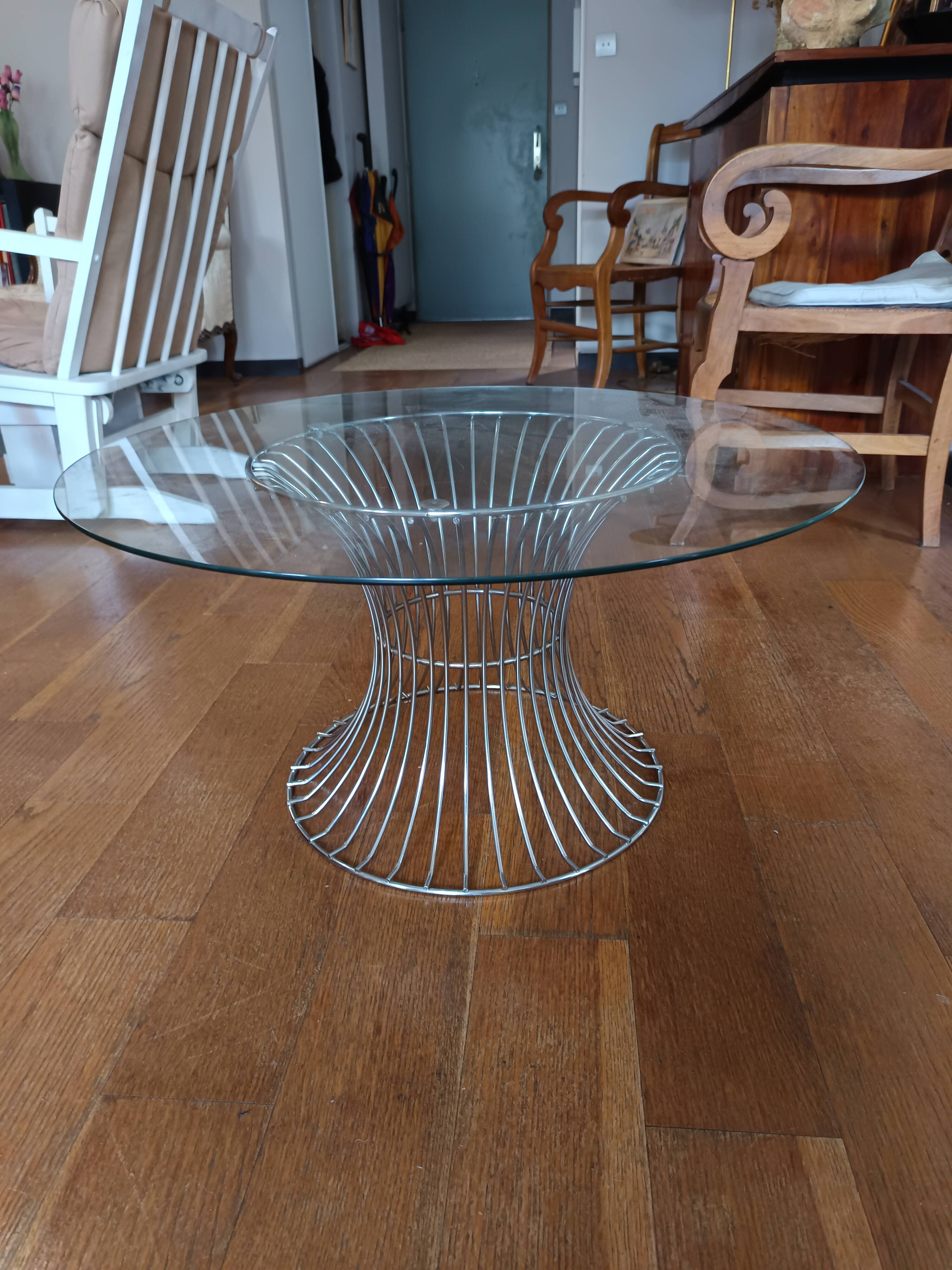 vintage 70s round designer coffee table with wire base