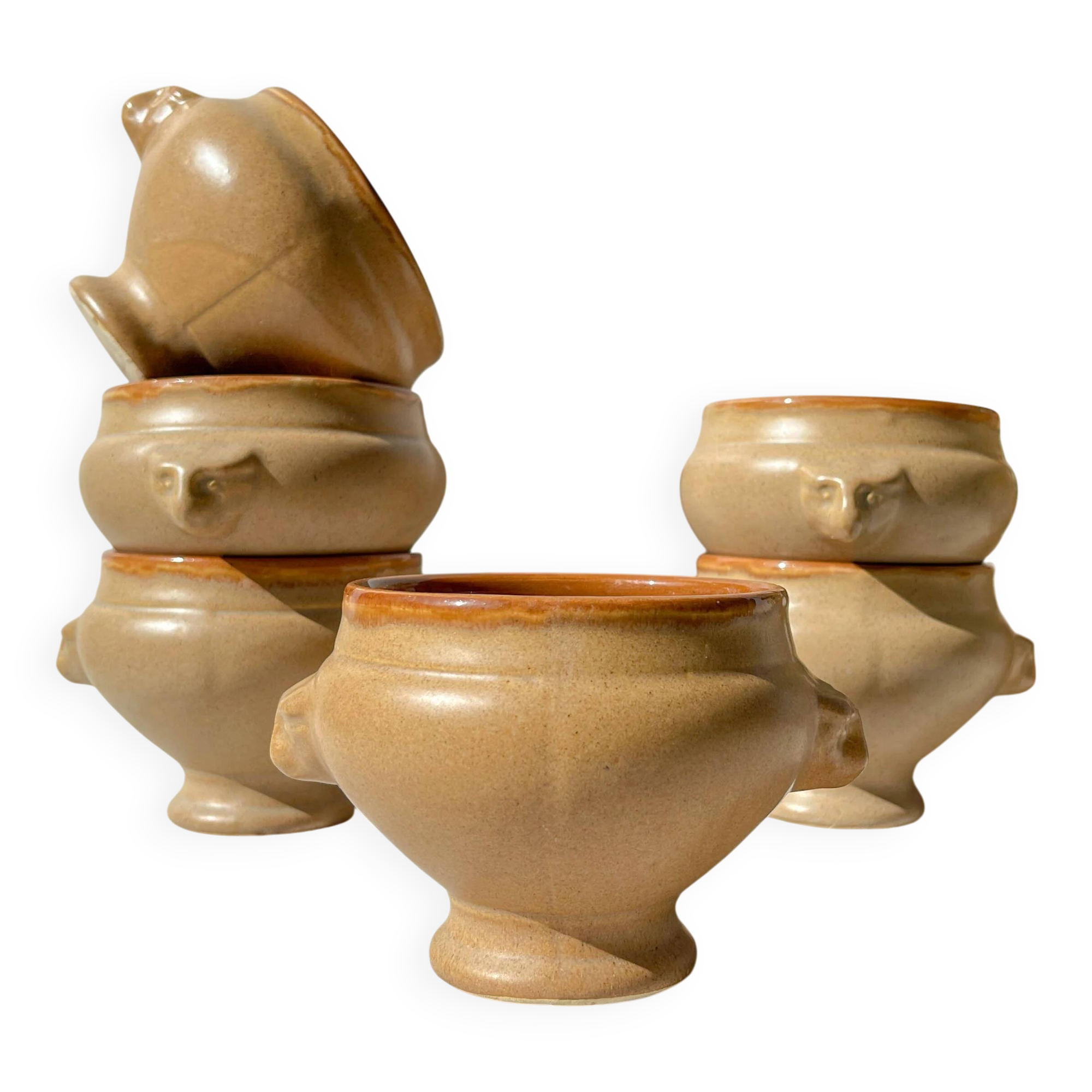 6 vintage Emile Henry ceramic lion head onion soup bowls - beige and honey, made in France