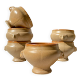 6 vintage Emile Henry ceramic lion head onion soup bowls - beige and honey, made in France