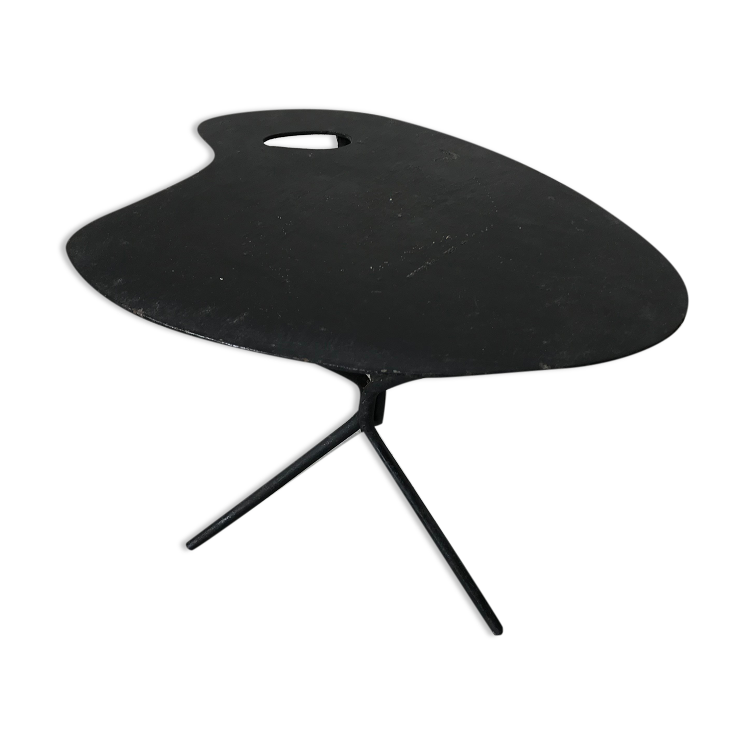 Side table in black lacquered metal, circa 1950.