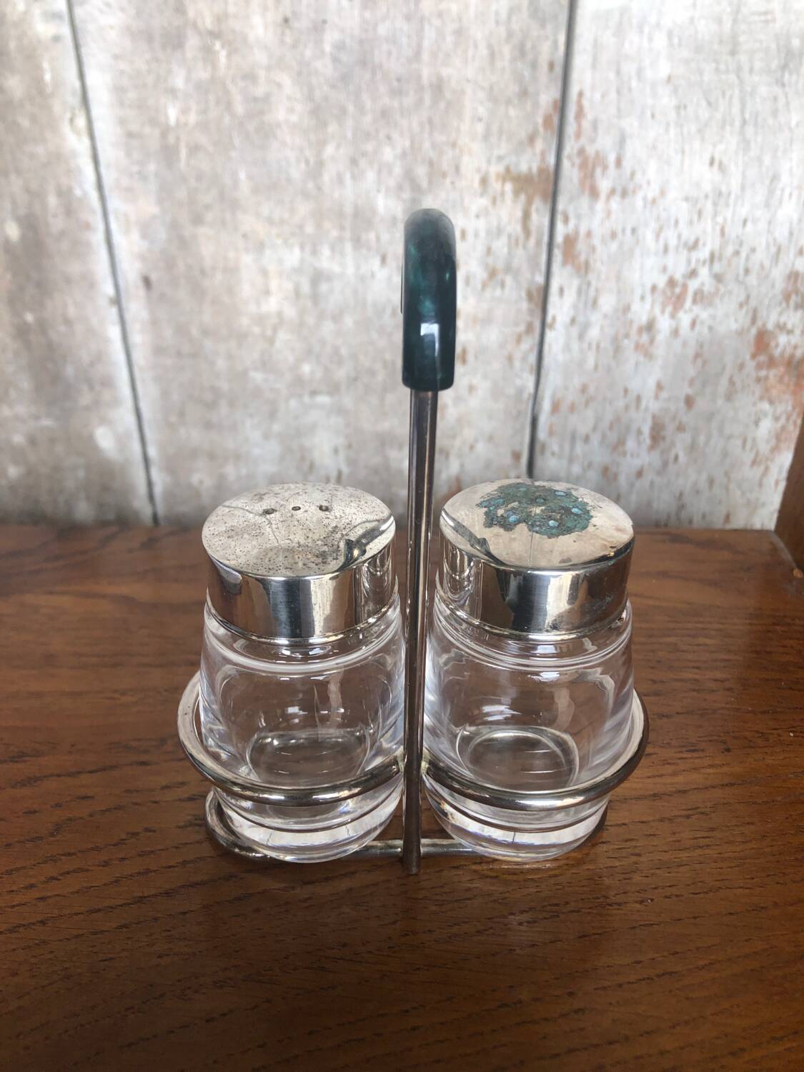 Old Service Salt Pepper Shaker Molded Glass + Vintage Silver Metal