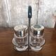 Old Service Salt Pepper Shaker Molded Glass + Vintage Silver Metal