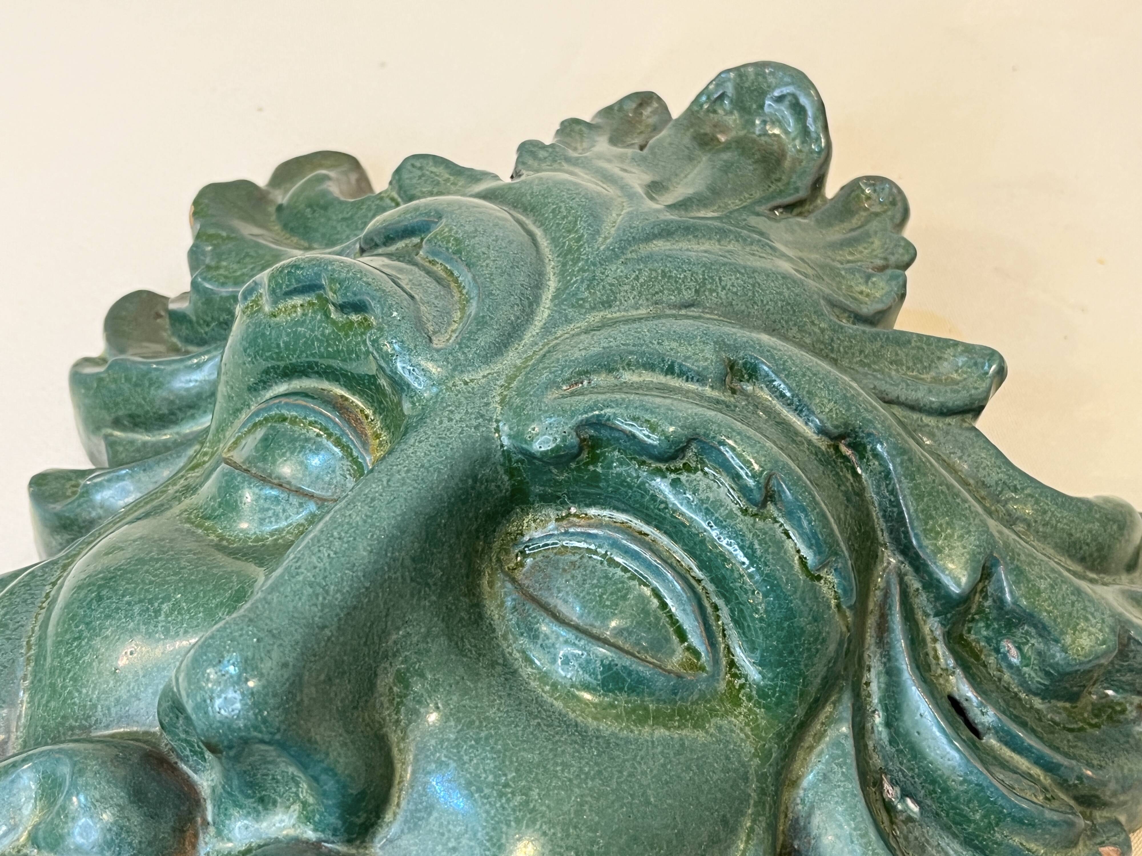 Mask wall sculpture head of Poseidon Neptune ceramic bronze green fountain mouth