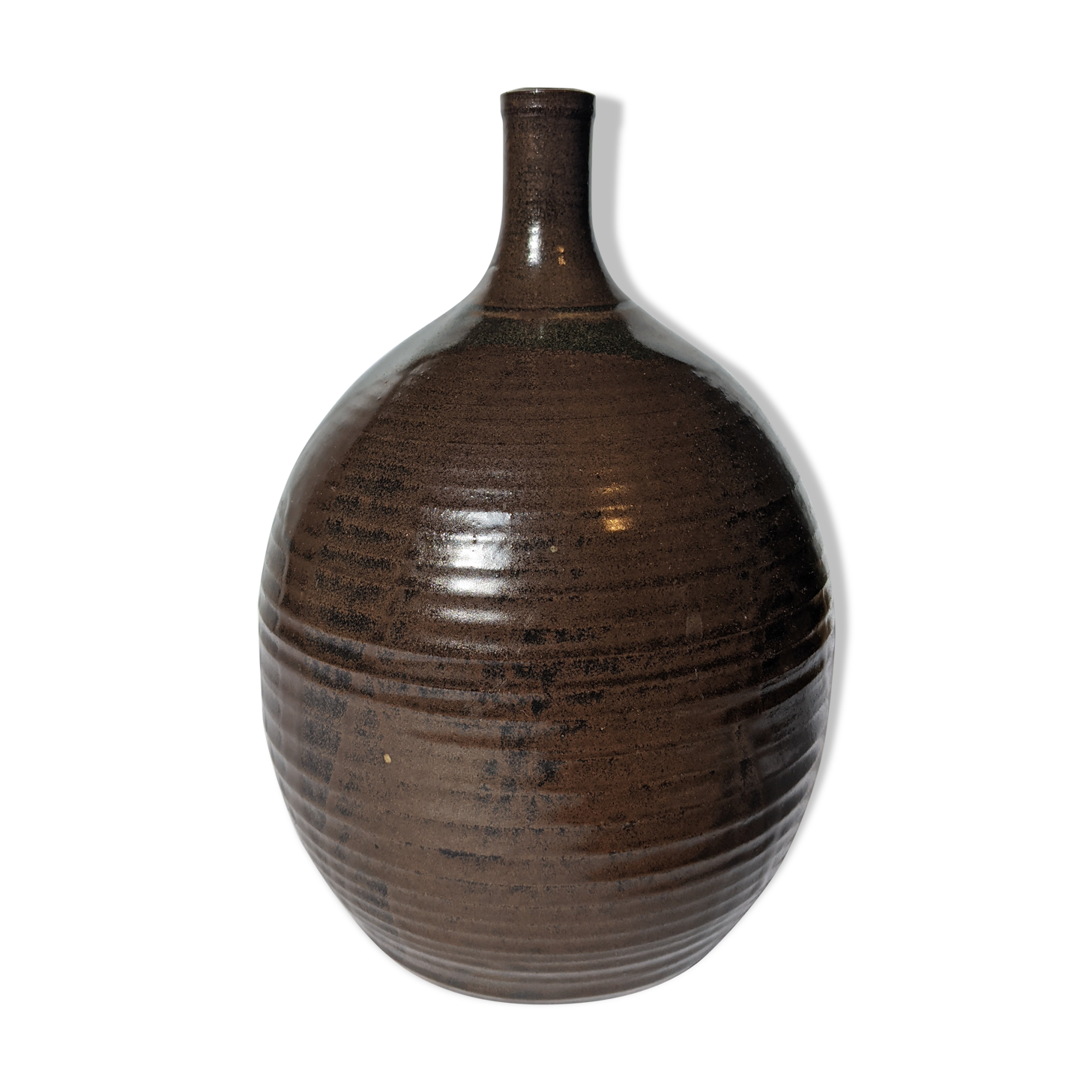 wide ceramic vase with fine brown collar - H: 23cm