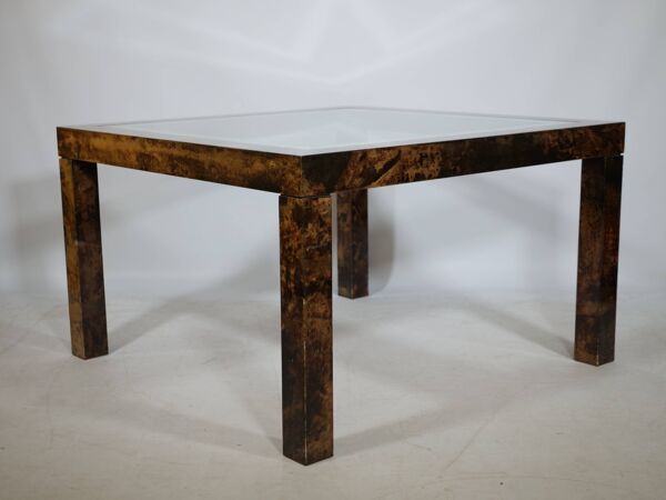 Table basse design Aldo Tura, en verre, cuir de chèvre et parchemin – Table d'appoint 1978