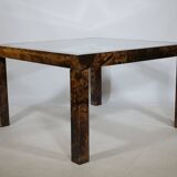 Table basse design Aldo Tura, en verre, cuir de chèvre et parchemin – Table d'appoint 1978