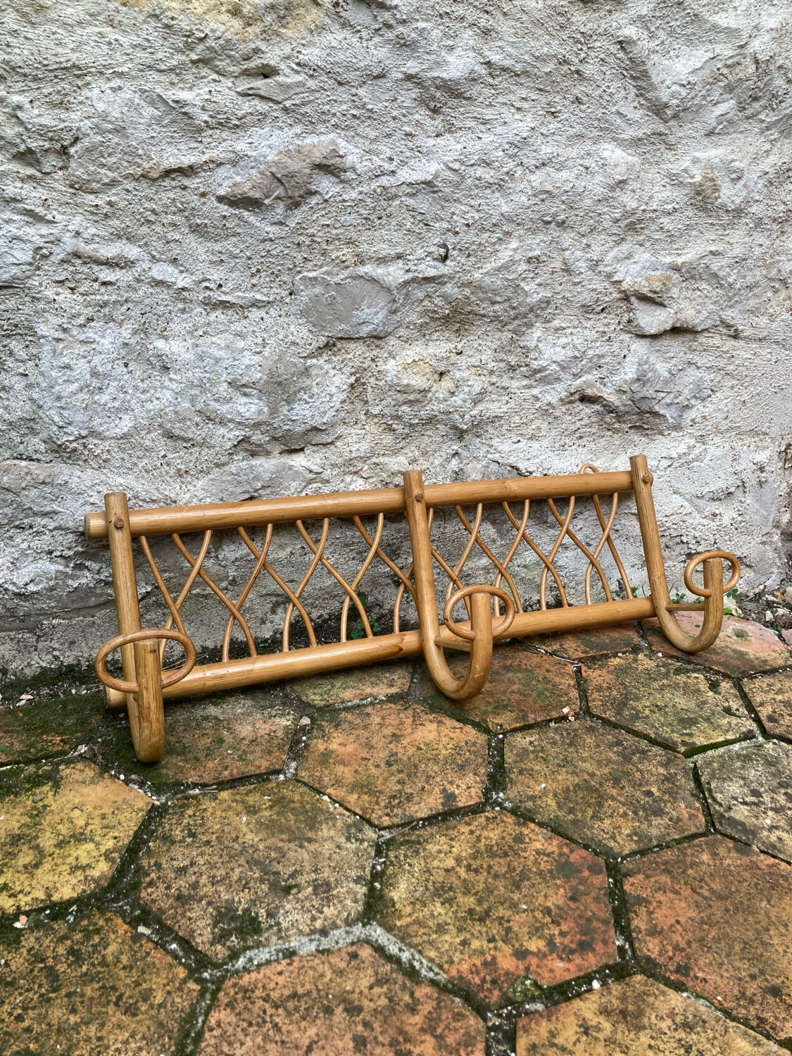Vintage rattan wall coat rack