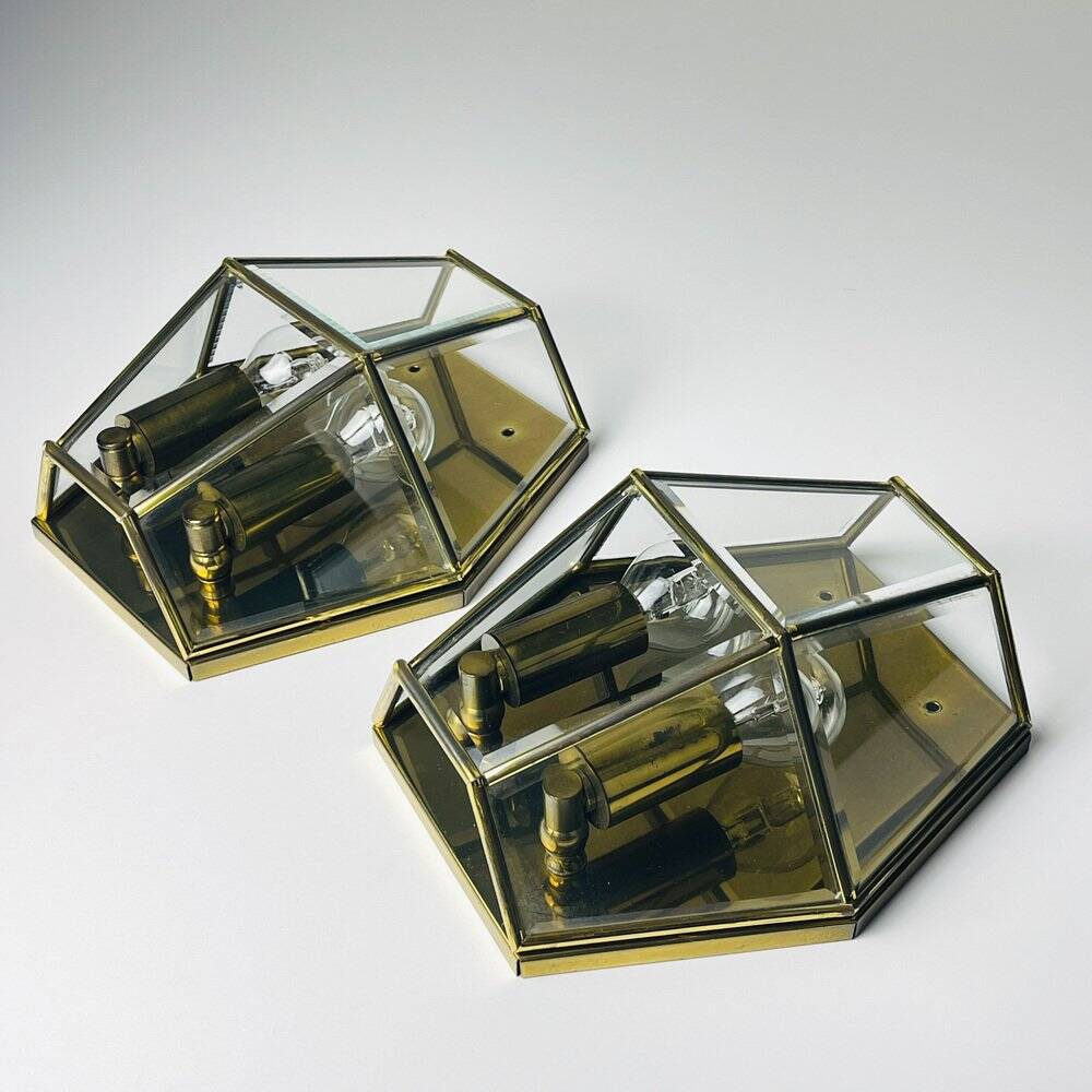 Hexagonal wall sconces in gilded brass and crystal, 1970s, set of 2.