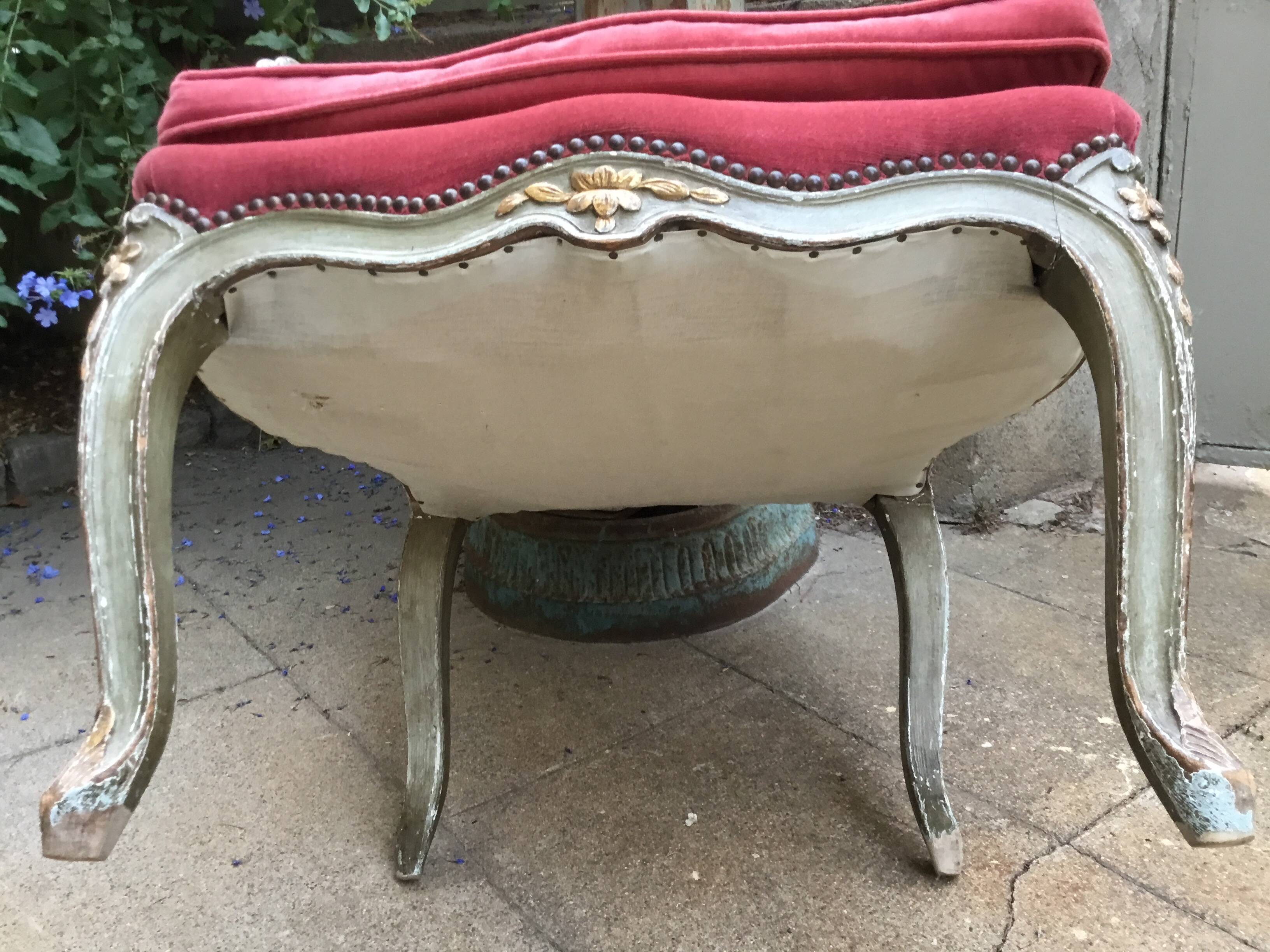 Louis XV style armchair in molded and carved wood with gray and gold patina