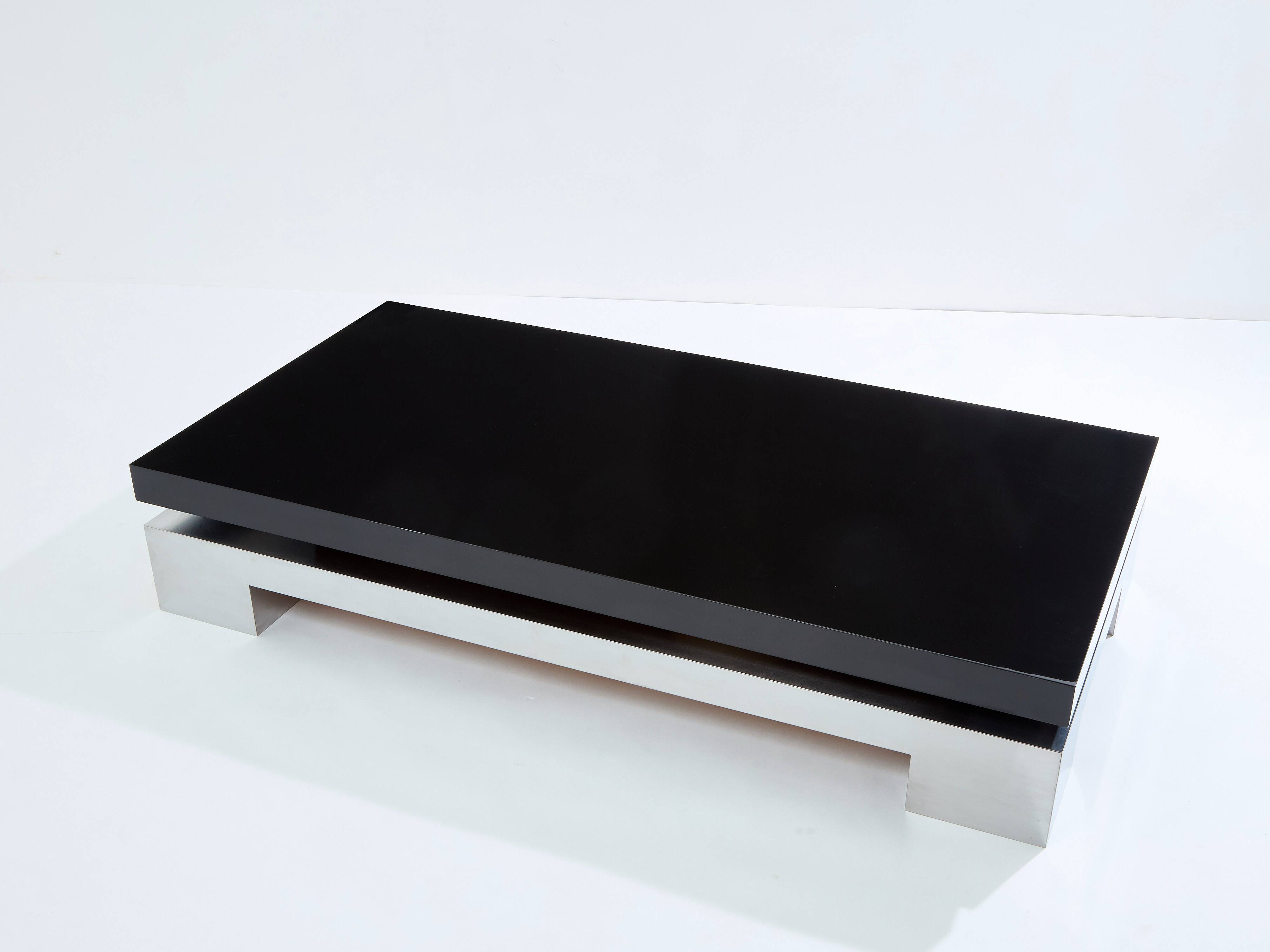 Large black lacquered and steel coffee table Nadine Charteret 1972