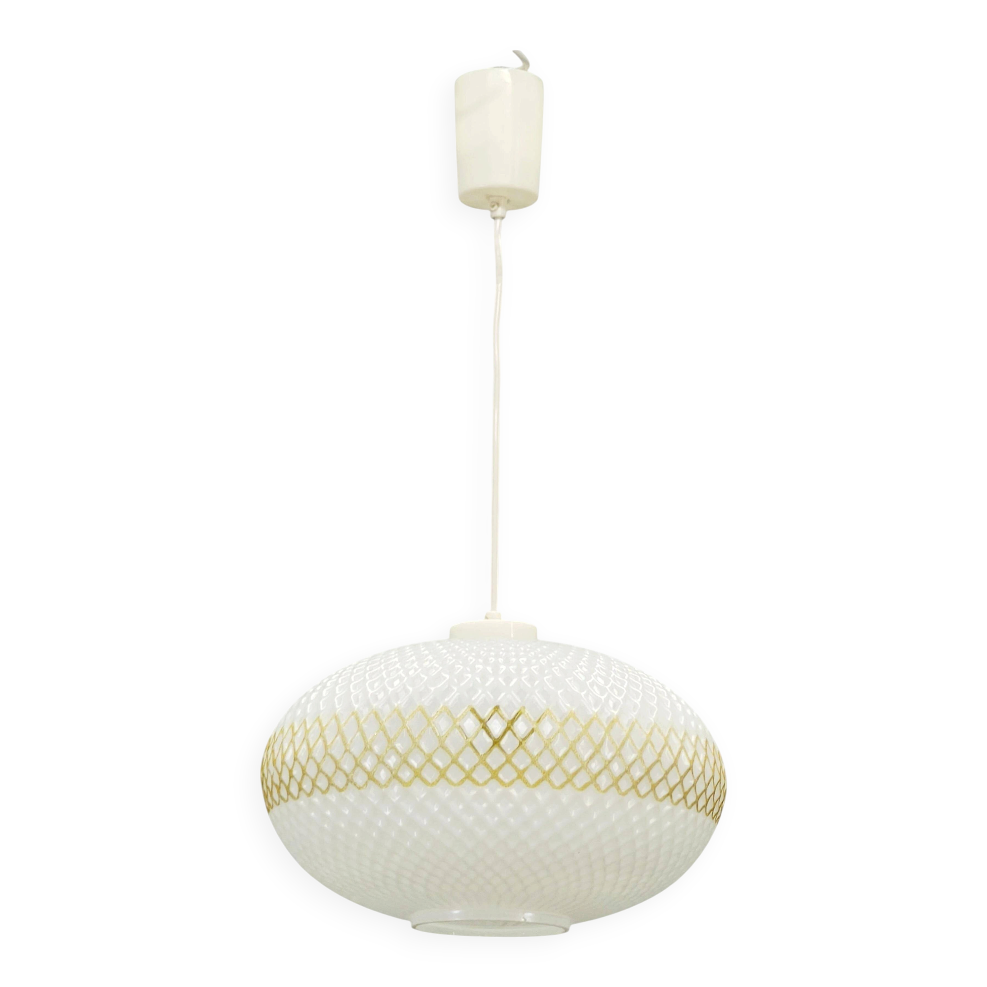Czechoslovak Opaline Glass and Gold Pendant Light, 1970s