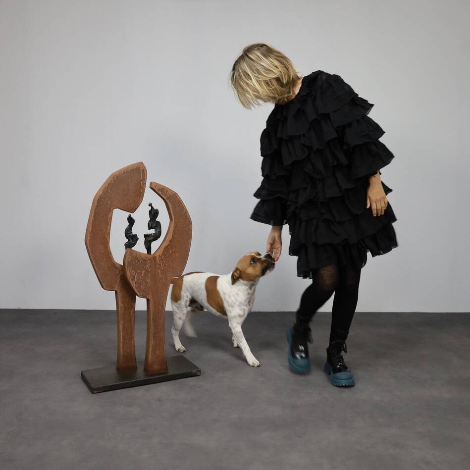 Contemporary Stone & Metal Sculpture with Bronze Figures