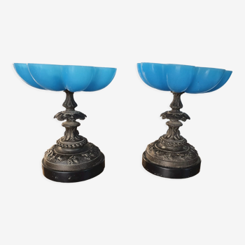 Coupes vide poche opaline bleue, bronze et socle marbre Napoléon III