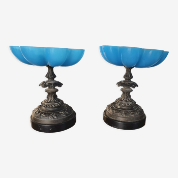 Empty cups blue opaline pocket, bronze and marble base Napoleon III