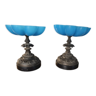 Coupes vide poche opaline bleue, bronze et socle marbre Napoléon III