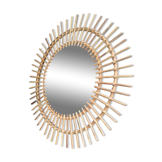 Miroir soleil en rotin vers 1960 de 72 cm de diamètre
