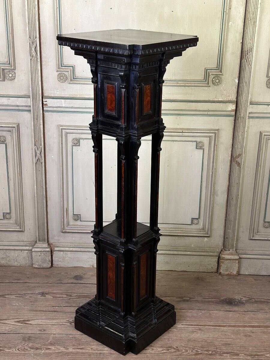 A pedestal table in blackened wood and burl veneer, superb assembly of moldings circa 1880