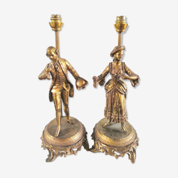 Paire de lampes en bronze sculpture statuette homme et femme ancienne