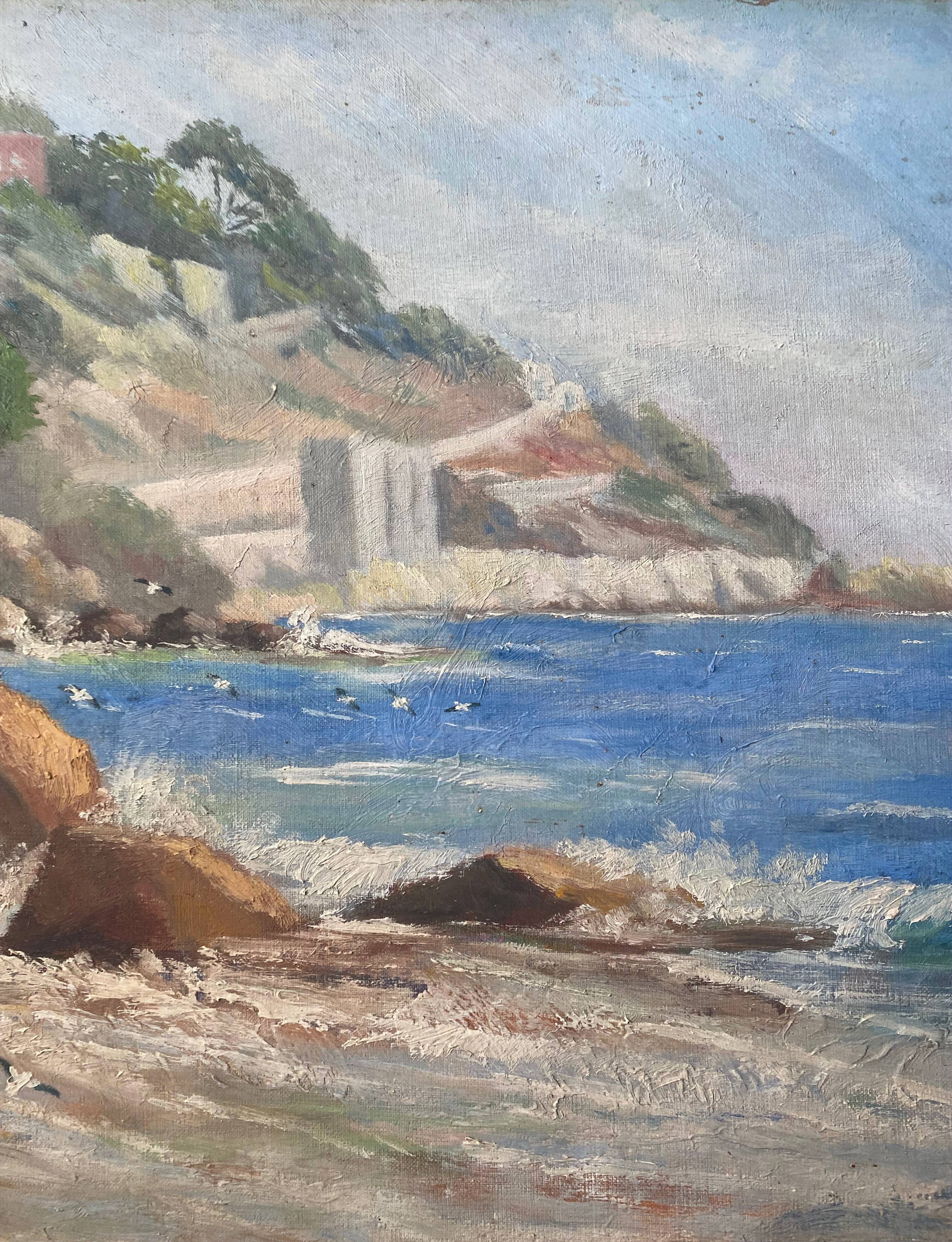 Painting HST Marine "Mediterranean seaside" signed H. Léotard panoramic