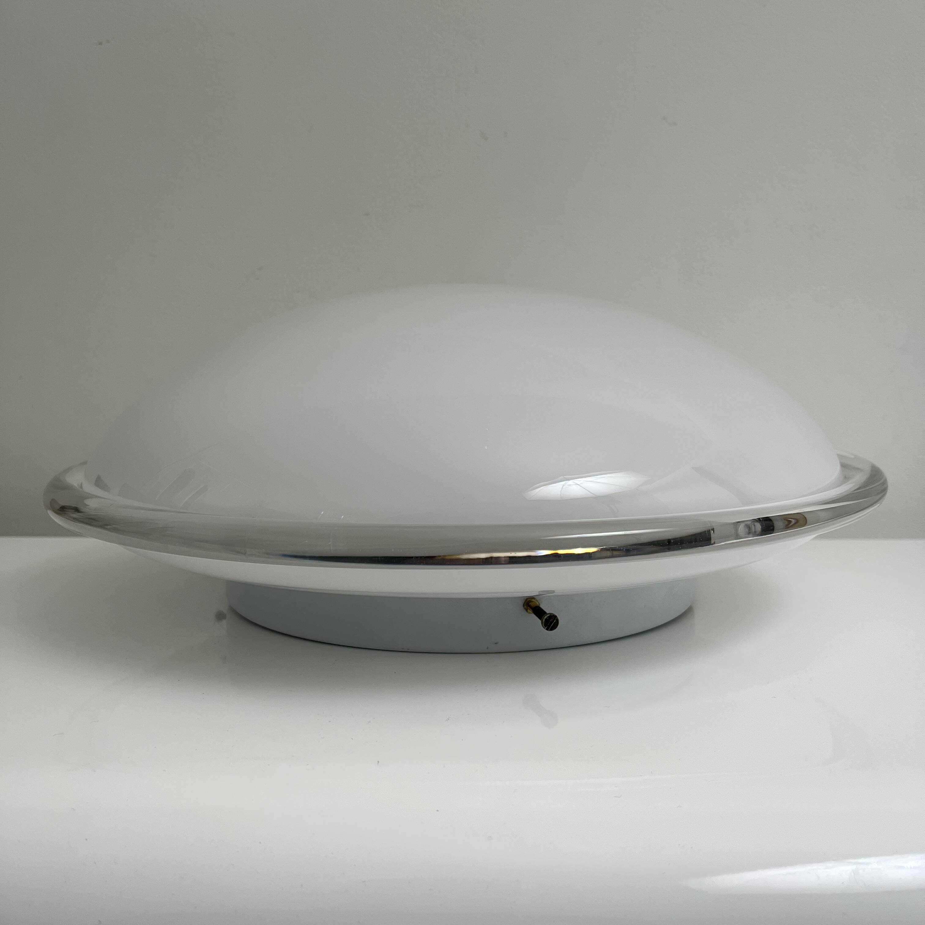 Vintage opal glass ceiling light Saturne Leucos 1970 Italy Diameter 39