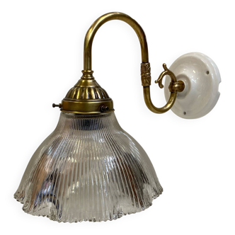 Swan neck wall light, brass, glass, holophane type, porcelain fixing