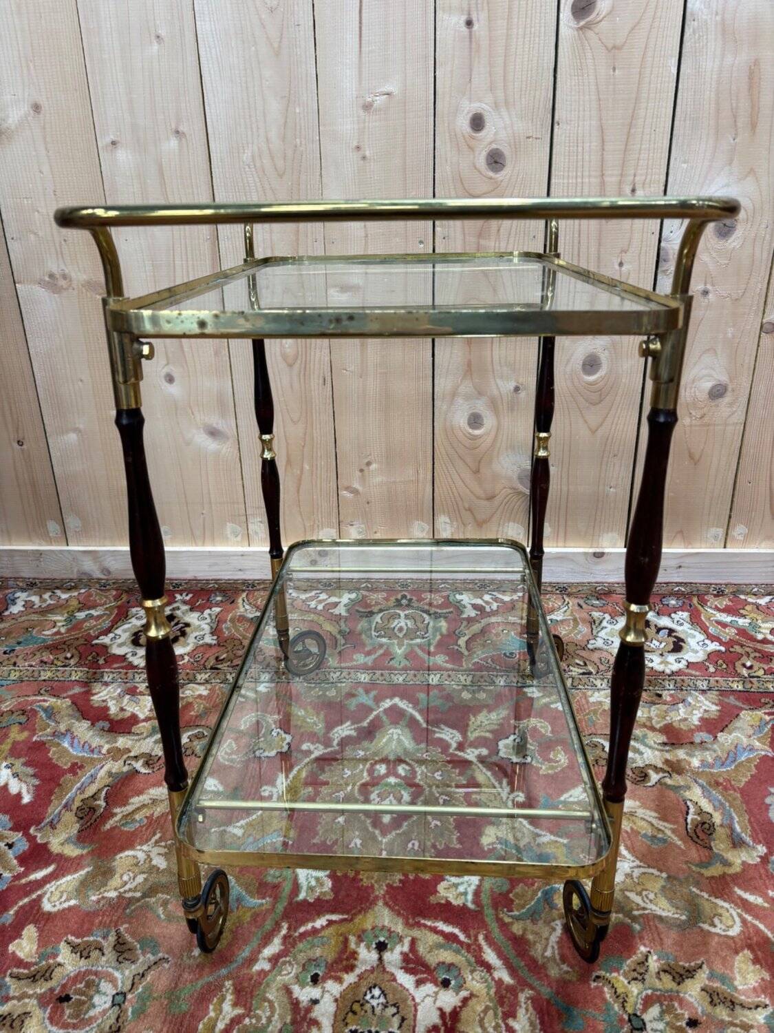 Glass, brass, and wood side table from the 1950s/60s.