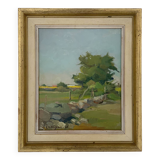 Vintage Modernist Landscape Scene Oil Painting H. Ostergren 1951