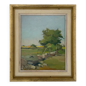 Peinture à l'huile de scène de paysage moderniste vintage H. Ostergren 1951