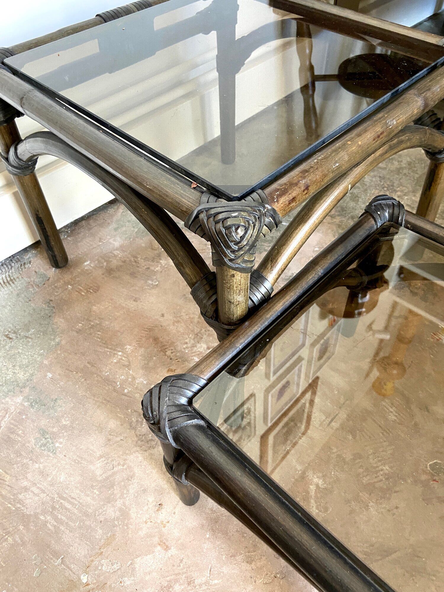2 coffee tables, rattan sofa tips and smoked glass