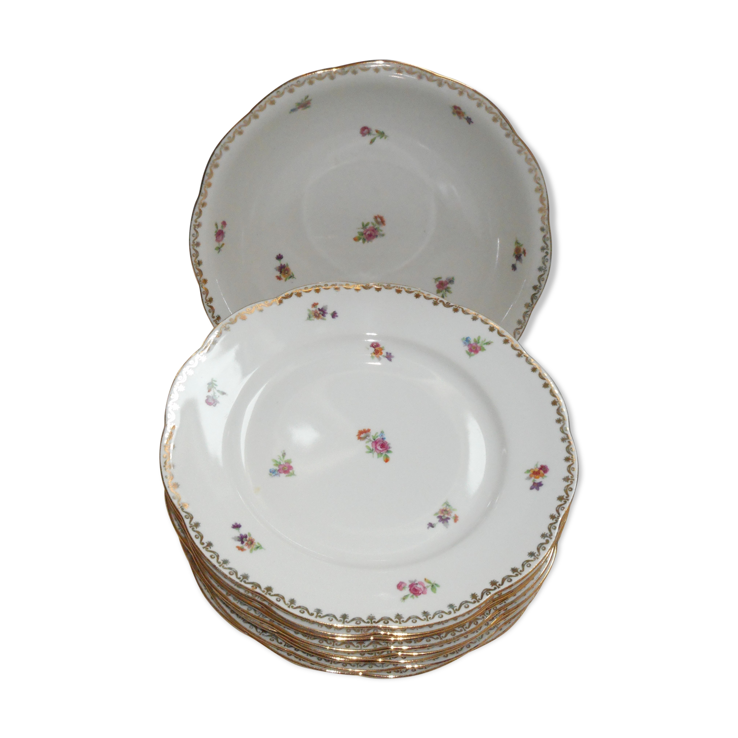8 plates and a dish in porcelain decorated small flowers
